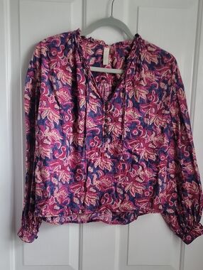 Pilcro Floral Split-Neck Shirt Top in Magenta Blue Anthropologie Xs X Small